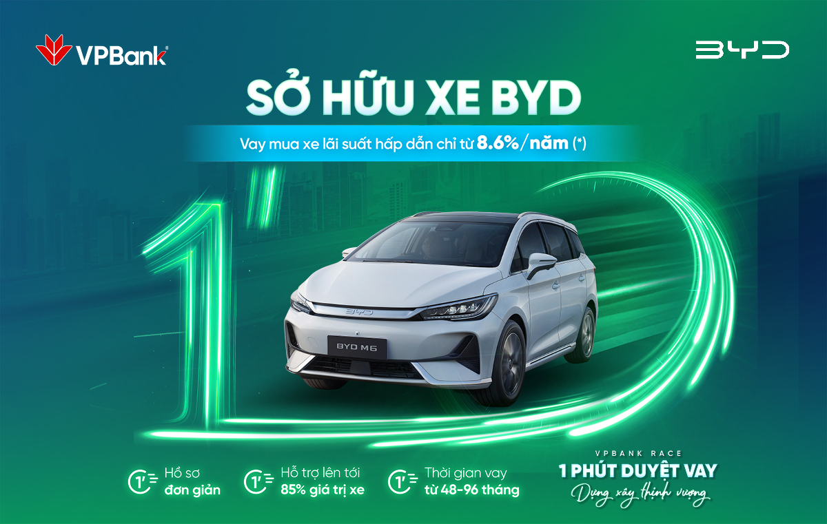 Sở hữu ô tô BYD trong 1 phút cùng VPBank – Lãi suất chỉ từ 8.6%/năm