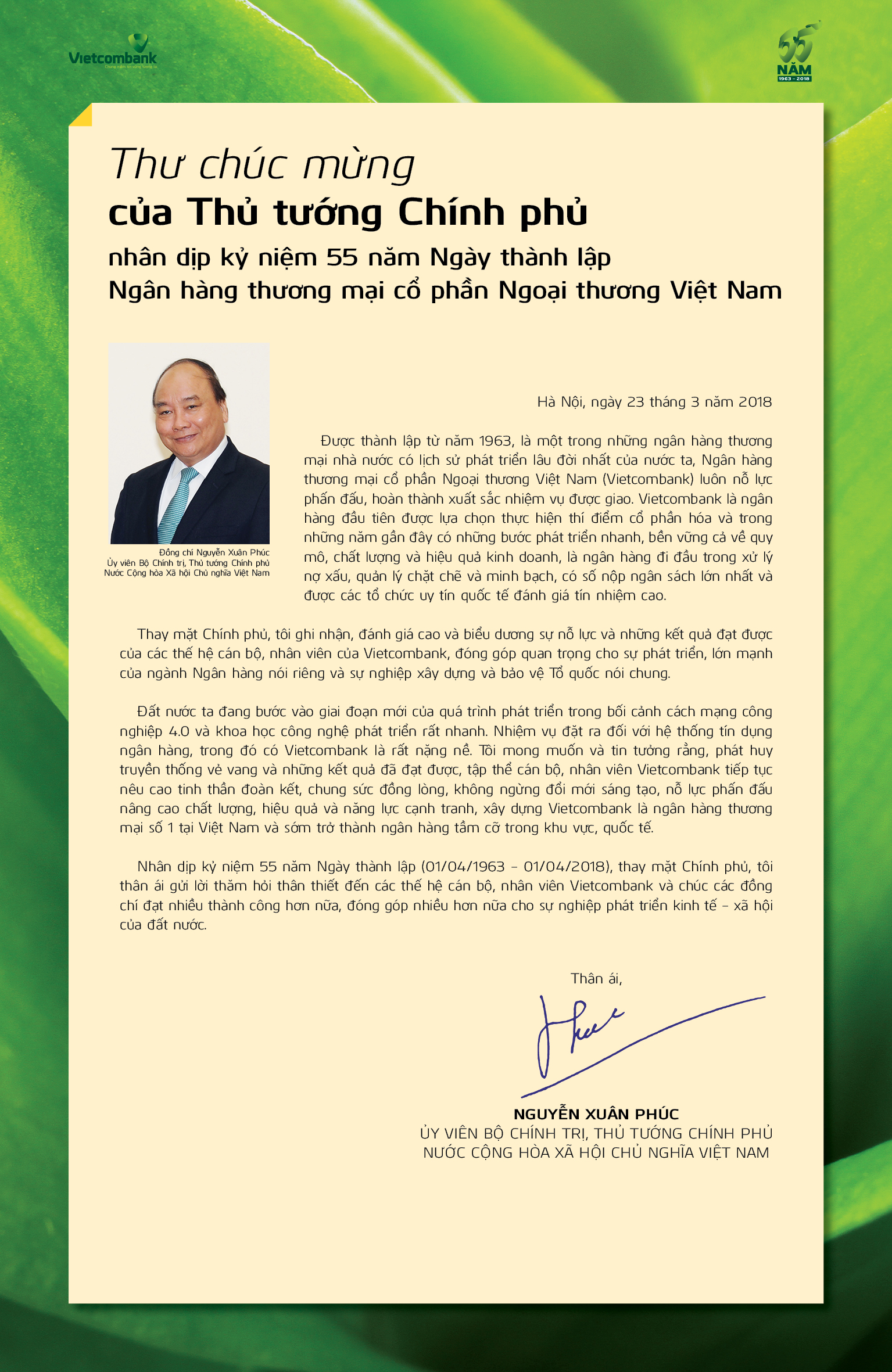 Thư chúc mừng của Thủ tướng Chính phủ nhân dịp kỷ niệm 55 năm ngày thành lập Vietcombank