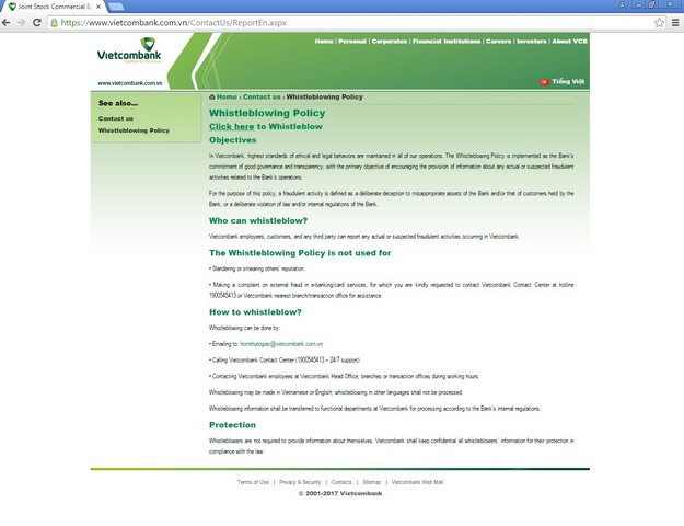 Vietcombank thông báo triển khai Cơ chế Tố giác trên Web site chính thức của ngân hàng