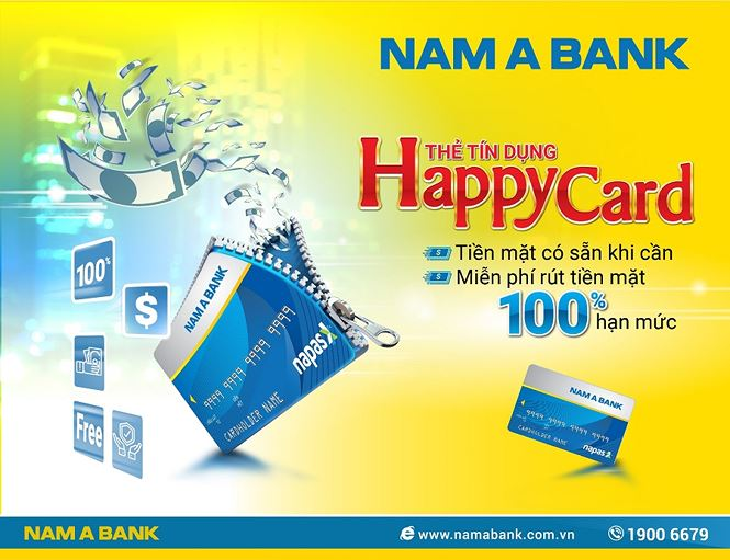 Thẻ tín dụng Nam A Bank Happy Card miễn phí rút tiền mặt  lên đến 100% hạn mức - ảnh 1
