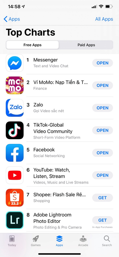 Ví điện tử MoMo vào top ba ứng dụng miễn phí tải nhiều nhất trên App Store nhờ Lắc Xì 2020.