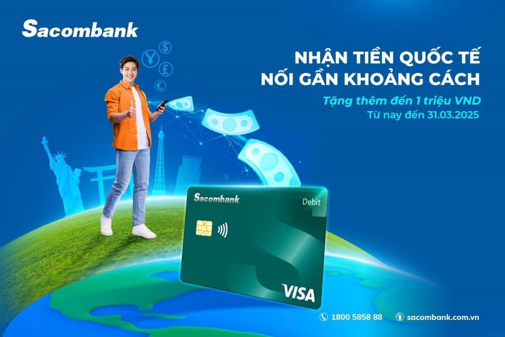 Tặng đến 1 triệu khi nhận kiều hối qua thẻ Sacombank Visa